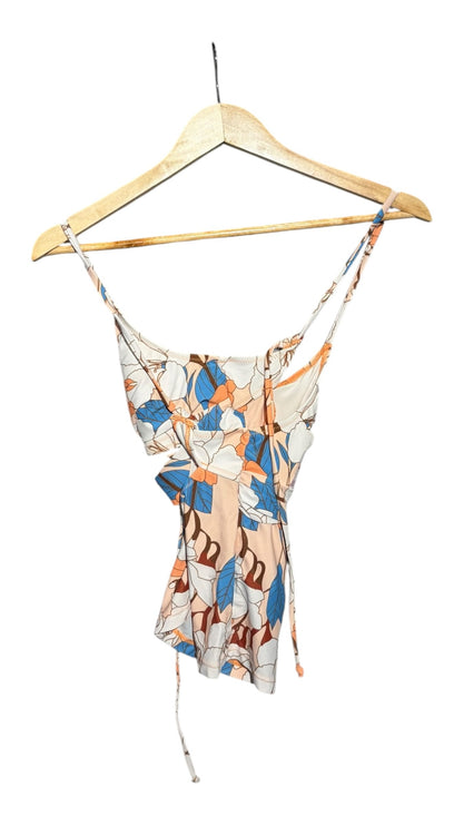 OutOf10 floral print sleeveless wrap-style bodysuit in peach, blue, and white with spaghetti straps on a hanger.