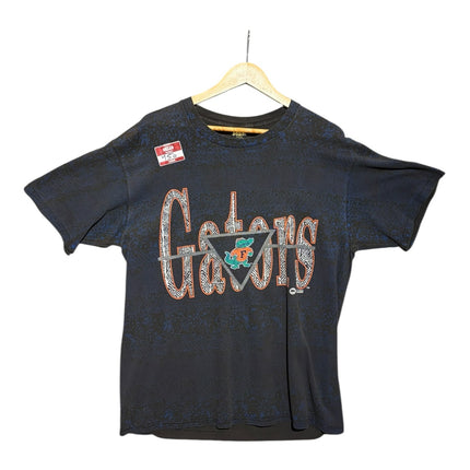 OutOf10 black Florida Gators graphic t-shirt with a blue speckled wash, textured lettering, and triangle mascot logo.
