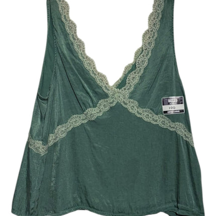 OutOf10 forest green sleeveless camisole with delicate lace trim along the V-neckline and bodice in a soft fabric.