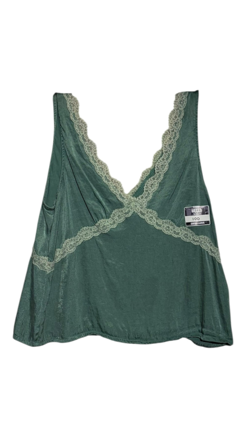 OutOf10 forest green sleeveless camisole with delicate lace trim along the V-neckline and bodice in a soft fabric.