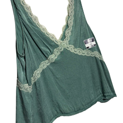 OutOf10 forest green sleeveless camisole featuring a V-neckline with delicate contrasting lace trim detailing.