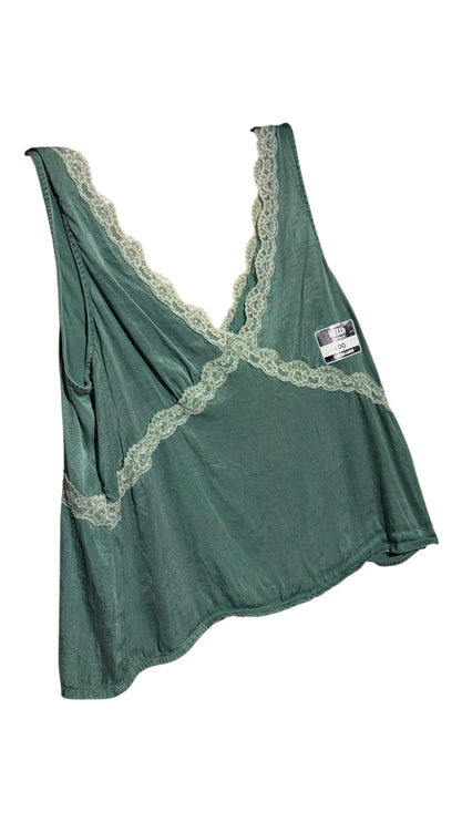 OutOf10 forest green sleeveless camisole featuring a V-neckline with delicate contrasting lace trim detailing.