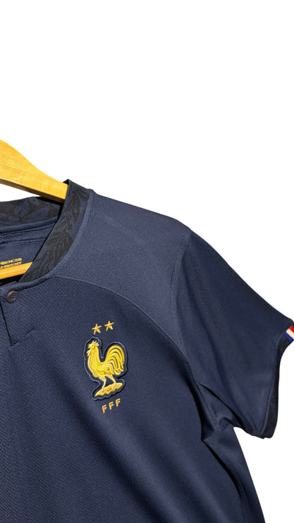 OutOf10 navy France national football team jersey with gold FFF rooster crest, button collar, and tricolour sleeve trim