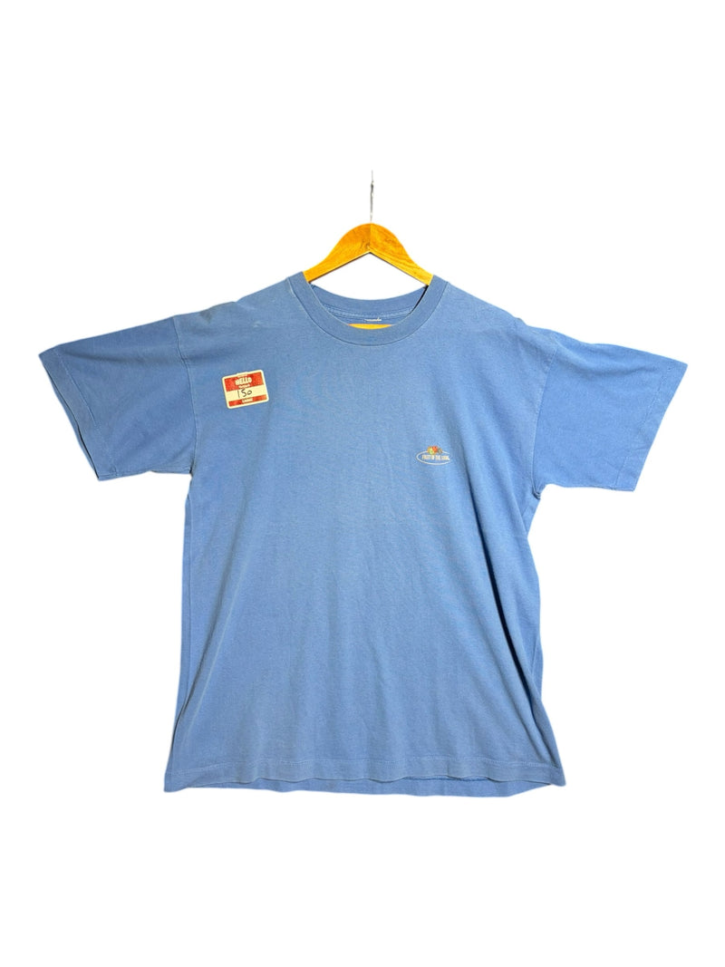 OutOf10 vintage Fruit of the Loom dusty blue cotton crewneck t-shirt with small chest logo on a wooden hanger