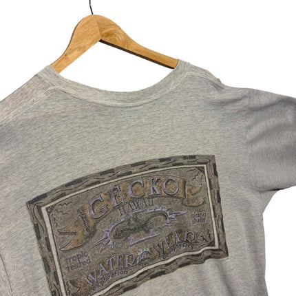 OutOf10 grey heather Gecko Hawaii graphic t-shirt with vintage surf-inspired back print on a wooden hanger