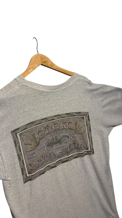OutOf10 grey heather Gecko Hawaii graphic t-shirt with vintage surf-inspired back print on a wooden hanger