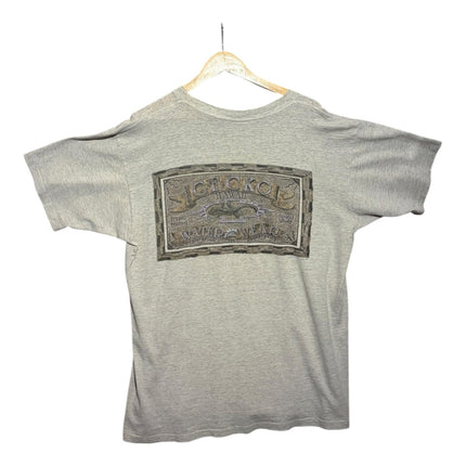 OutOf10 grey heather Gecko Hawaii graphic t-shirt with a vintage surf-inspired print on the back hanging on a hanger