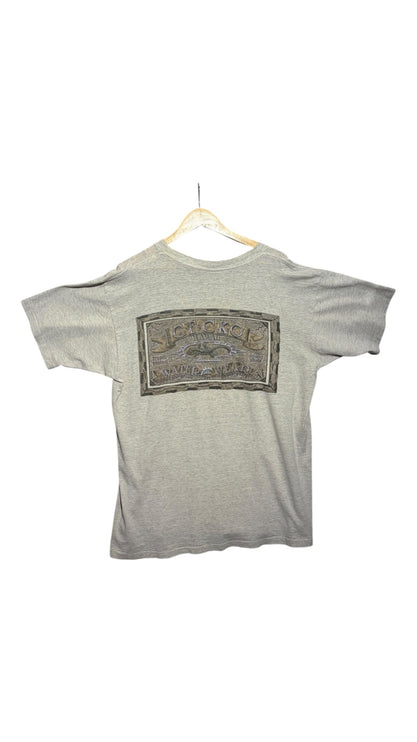 OutOf10 grey heather Gecko Hawaii graphic t-shirt with a vintage surf-inspired print on the back hanging on a hanger