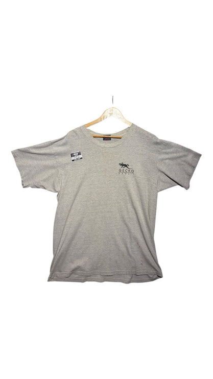 OutOf10 grey heather Gecko Hawaii graphic t-shirt with a small chest logo, hanging on a wooden hanger.