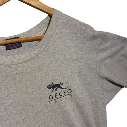 OutOf10 grey heather Gecko Hawaii graphic t-shirt with a crew neck and minimalist chest logo on a wooden hanger