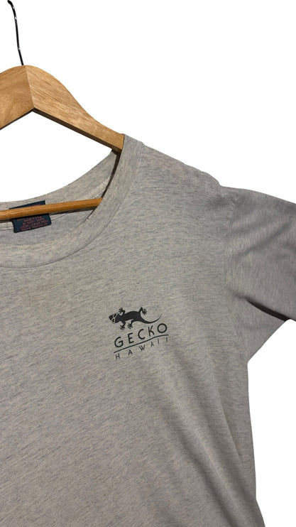 OutOf10 grey heather Gecko Hawaii graphic t-shirt with a crew neck and minimalist chest logo on a wooden hanger