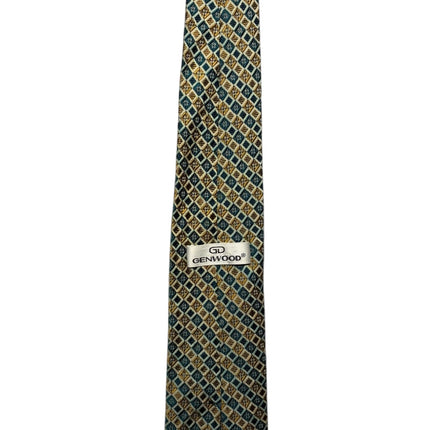OutOf10 GENWOOD formal necktie featuring a geometric diamond pattern in deep teal, gold, and neutral tones.
