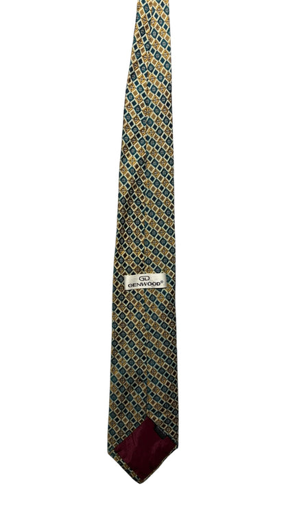 OutOf10 GENWOOD formal necktie featuring a geometric diamond pattern in deep teal, gold, and neutral tones.