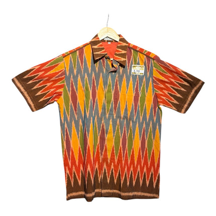 OutOf10 short sleeve button down shirt featuring a vibrant multi-coloured geometric diamond pattern in earthy tones.