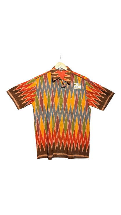 OutOf10 short sleeve button down shirt featuring a vibrant multi-coloured geometric diamond pattern in earthy tones.