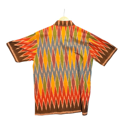 OutOf10 short sleeve button down shirt featuring a vibrant multi-coloured geometric diamond pattern on breathable fabric