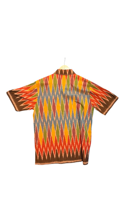 OutOf10 short sleeve button down shirt featuring a vibrant multi-coloured geometric diamond pattern on breathable fabric
