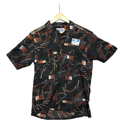 OutOf10 short sleeve button down shirt in black with a burnt orange and grey geometric abstract line print.