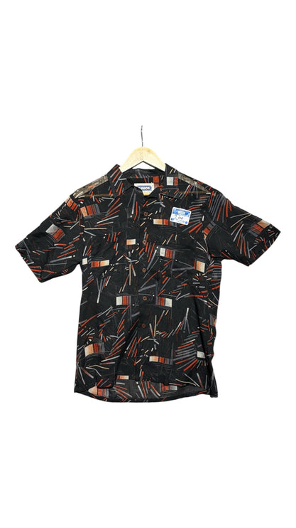 OutOf10 short sleeve button down shirt in black with a burnt orange and grey geometric abstract line print.