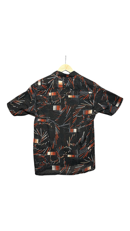 OutOf10 short sleeve button down shirt in black with a burnt orange, grey, and white geometric abstract line print.