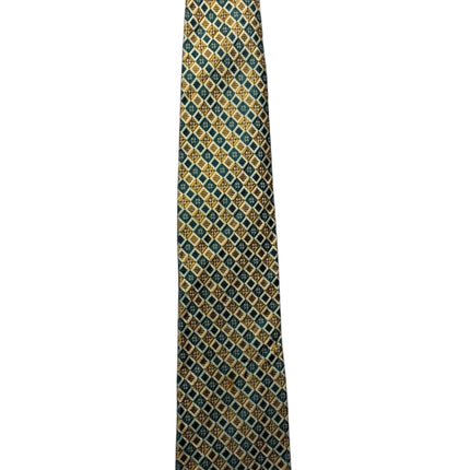 OutOf10 formal necktie featuring a geometric diamond pattern in deep teal and warm gold tones for a refined look.