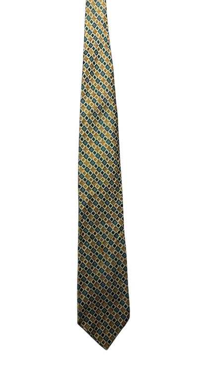 OutOf10 formal necktie featuring a geometric diamond pattern in deep teal and warm gold tones for a refined look.