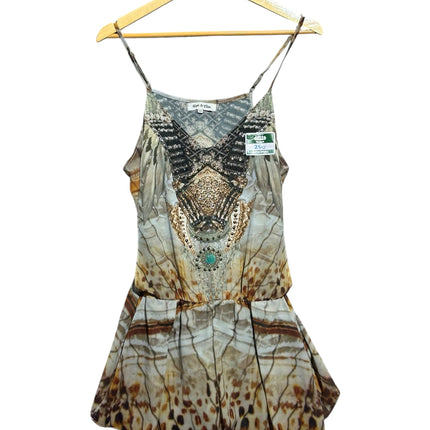 OutOf10 Gigi & Ella sleeveless bohemian romper with earth-toned print, turquoise accent, and delicate stud detailing.