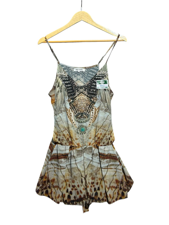OutOf10 Gigi & Ella sleeveless bohemian romper with earth-toned print, turquoise accent, and delicate stud detailing.