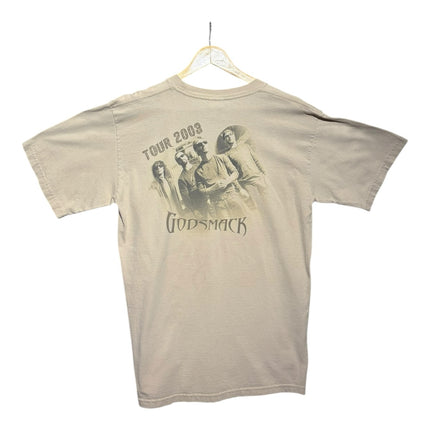 OutOf10 vintage sand-beige Godsmack 2003 tour graphic t-shirt featuring a band portrait on the back