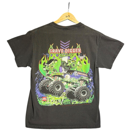 OutOf10 black cotton t-shirt featuring a vibrant Grave Digger monster truck graphic with green flames on the back.
