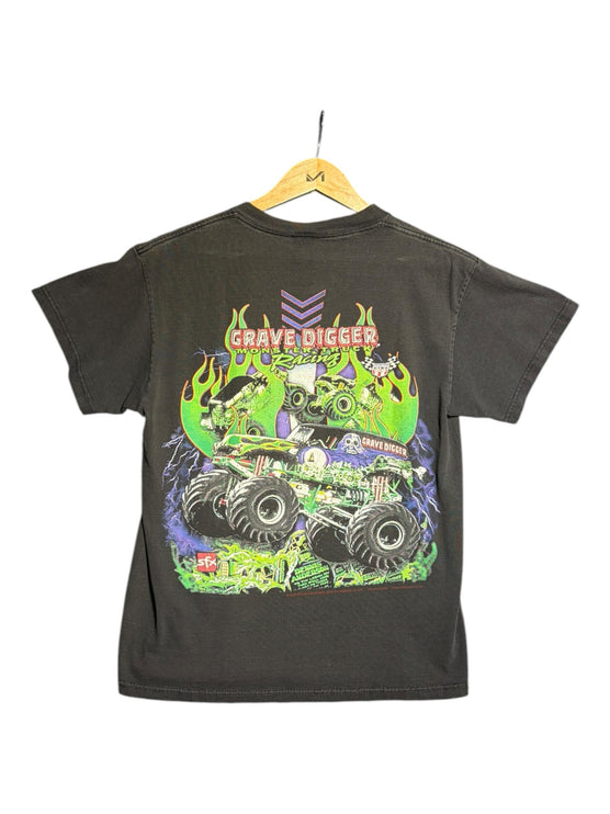 OutOf10 black cotton t-shirt featuring a vibrant Grave Digger monster truck graphic with green flames on the back.