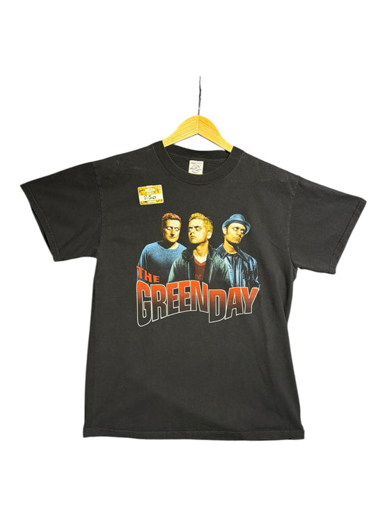 OutOf10 black cotton crew-neck t-shirt featuring a vintage Green Day band member graphic print on the front.