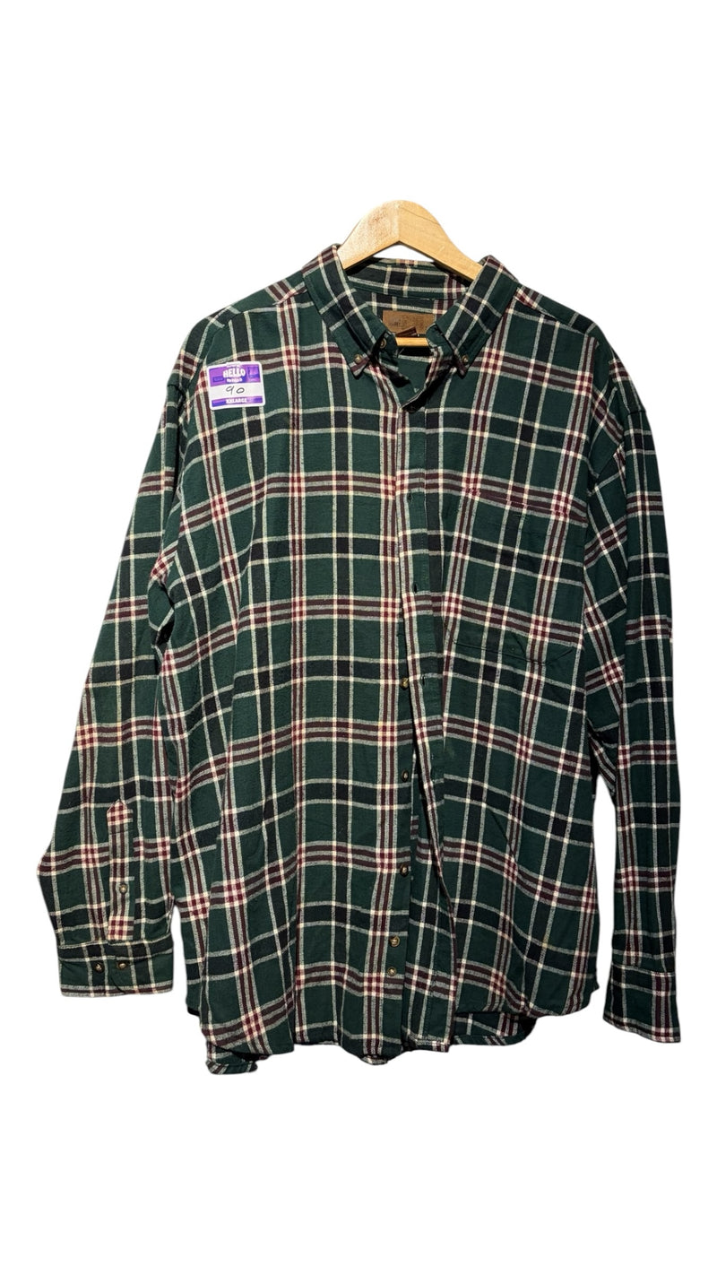 OutOf10 men's long sleeve button-down flannel shirt in forest green, burgundy, and cream plaid on a wooden hanger.