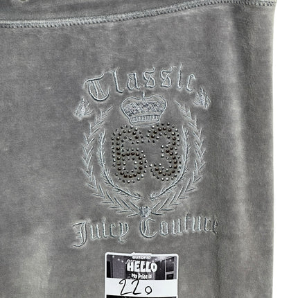 OutOf10 grey Juicy Couture velour lounge pants featuring an embroidered crown, number 63, and rhinestone detailing.
