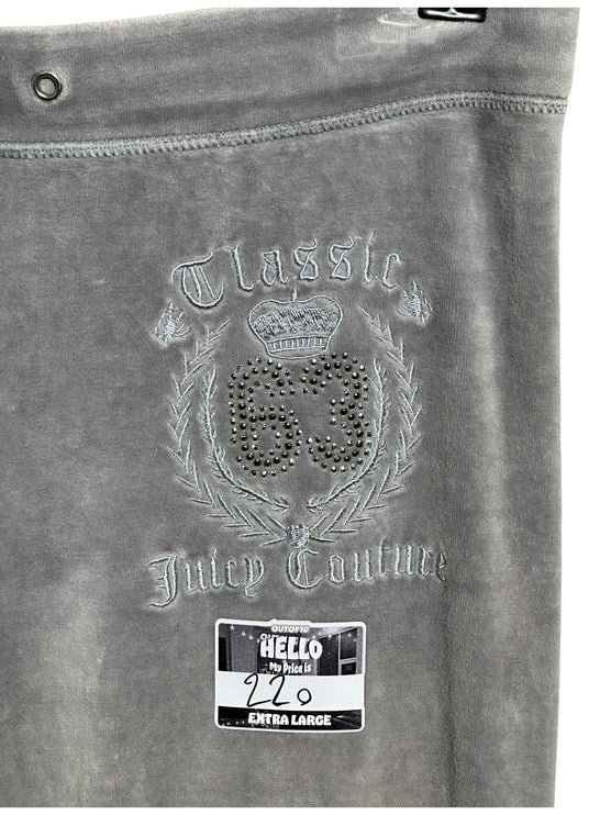 OutOf10 grey Juicy Couture velour lounge pants featuring an embroidered crown, number 63, and rhinestone detailing.