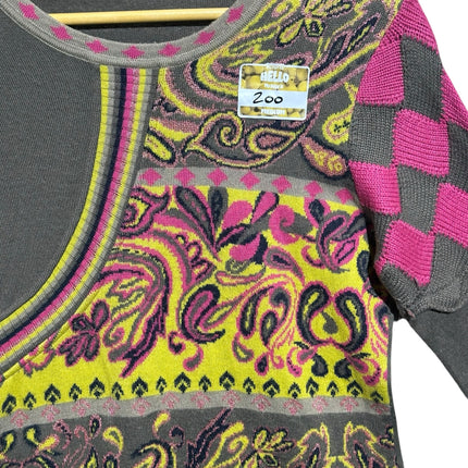 OutOf10 grey knit sweater with vibrant yellow and pink paisley patterns and a pink-grey diamond sleeve detail.