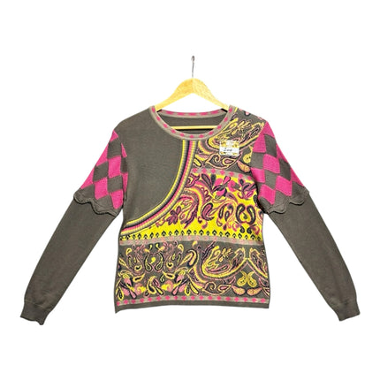 OutOf10 grey knit sweater with yellow and pink paisley patterns, crew neck, and scalloped diamond sleeve details.