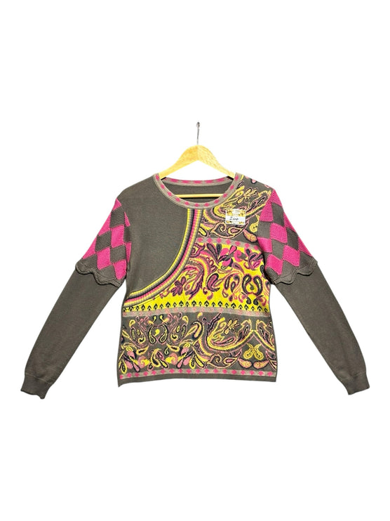 OutOf10 grey knit sweater with yellow and pink paisley patterns, crew neck, and scalloped diamond sleeve details.