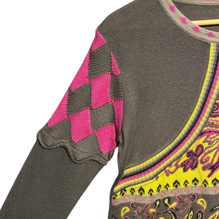 OutOf10 grey knit sweater with yellow and pink paisley patterns and scalloped diamond sleeve detail on a hanger