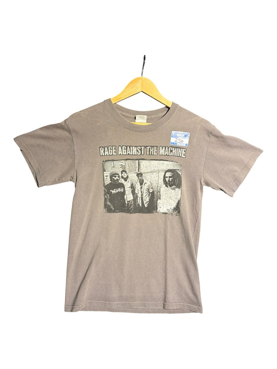OutOf10 grey Rage Against The Machine graphic crewneck t-shirt with a vintage band portrait print on the front.