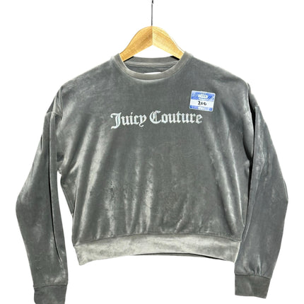 OutOf10 grey velour crewneck sweatshirt with glitter Juicy Couture logo, featuring a relaxed cropped fit.