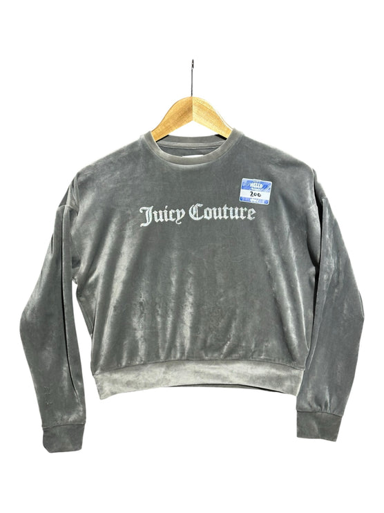 OutOf10 grey velour crewneck sweatshirt with glitter Juicy Couture logo, featuring a relaxed cropped fit.