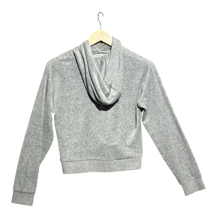 OutOf10 heather grey velour cropped pullover hoodie with a cozy hood and ribbed cuffs, back view on a hanger.