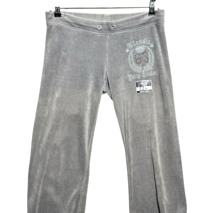 OutOf10 grey velour lounge pants with embroidered crown and rhinestone 63 detail on the hip