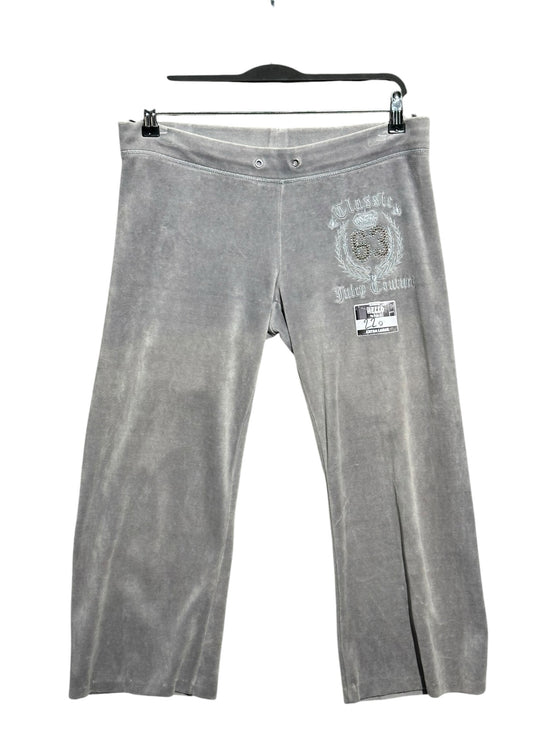 OutOf10 grey velour lounge pants with embroidered crown and rhinestone 63 detail on the hip