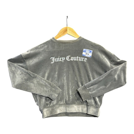 OutOf10 grey velour crewneck pullover with long sleeves and embroidered Juicy Couture logo on the chest
