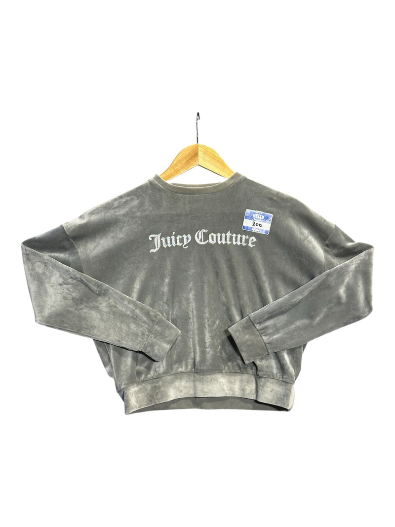 OutOf10 grey velour crewneck pullover with long sleeves and embroidered Juicy Couture logo on the chest