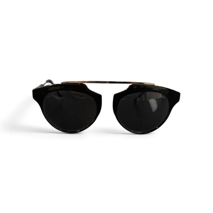 OutOf10 GUESS designer sunglasses featuring black frames, dark lenses, and a sleek gold-tone metal brow bar.