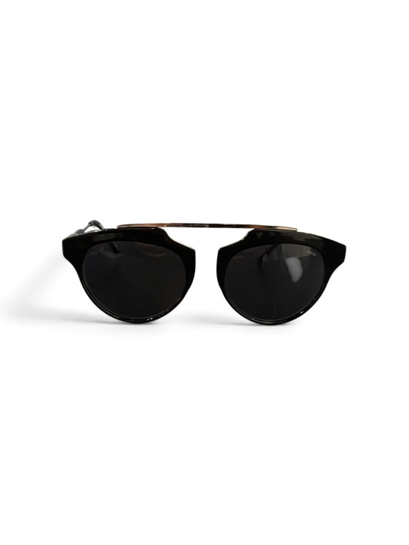 OutOf10 GUESS designer sunglasses featuring black frames, dark lenses, and a sleek gold-tone metal brow bar.
