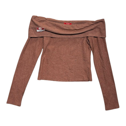 OutOf10 GUESS brown off-the-shoulder long sleeve knit top with a folded neckline and slim-fit silhouette.